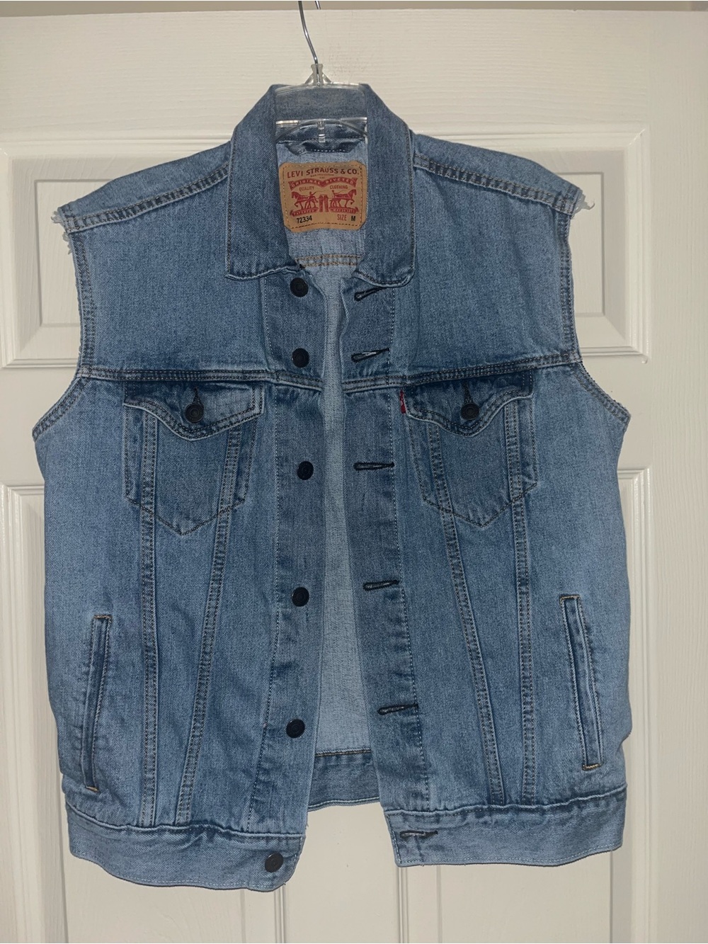 Levi's Light Blue Denim Vest with Tan Leather Patch